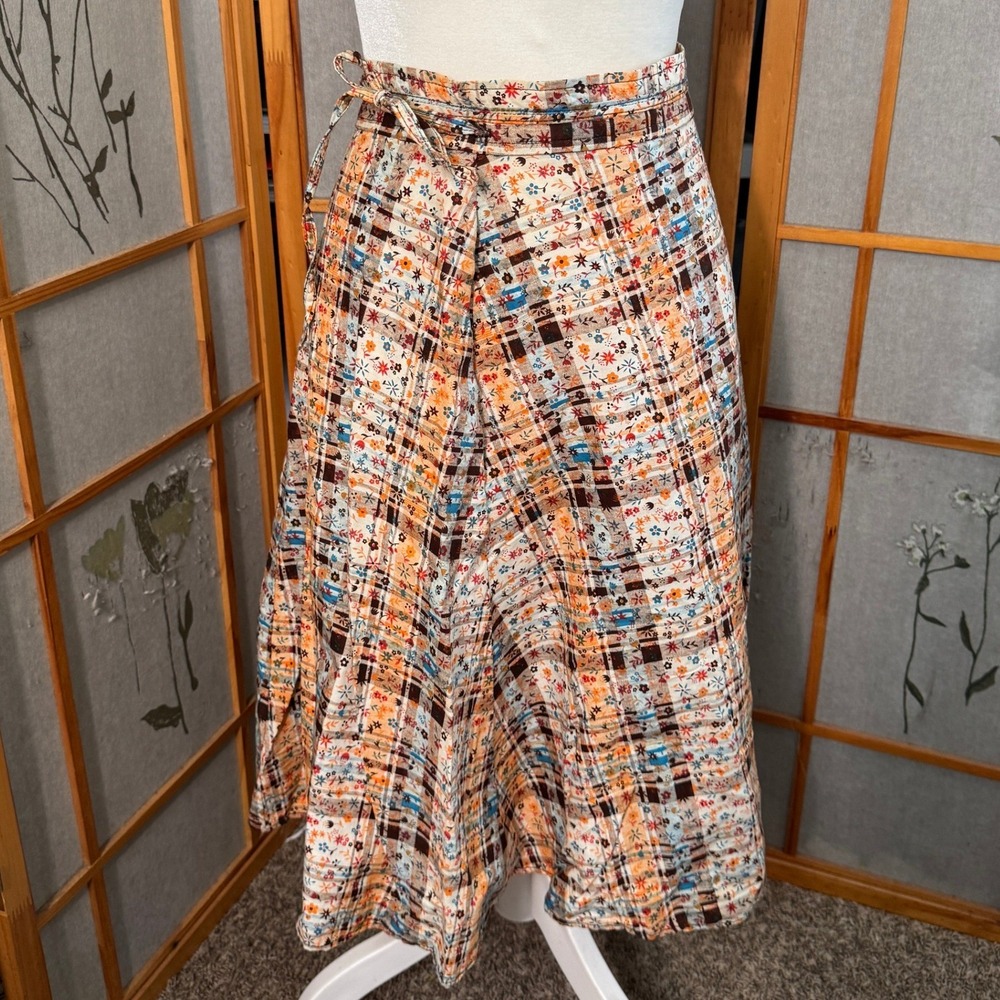 Vintage You Babes Floral Plaid Wrap Skirt Cotton Midi Orange Brown Womens Med